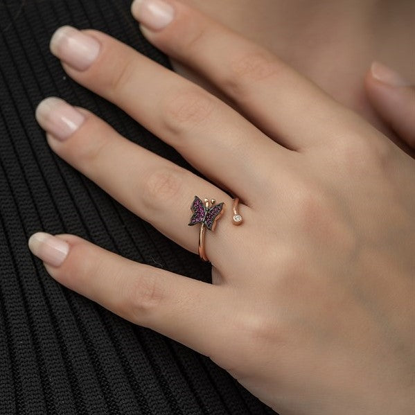 925 Sterling Adjustable Pink Butterfly Ring
