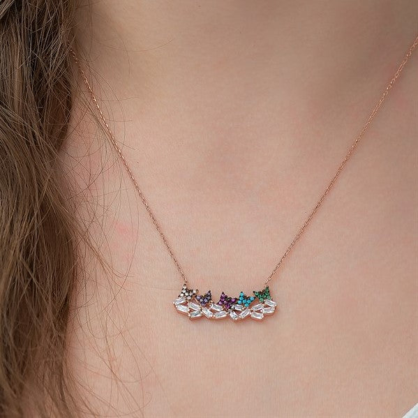 925 Sterling Silver Baguette Stone Colorful Butterfly Necklace