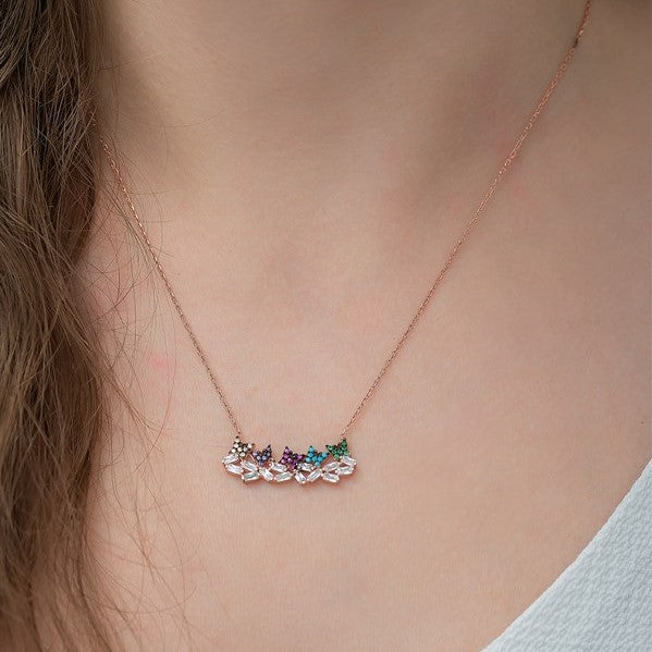 925 Sterling Silver Baguette Stone Colorful Butterfly Necklace