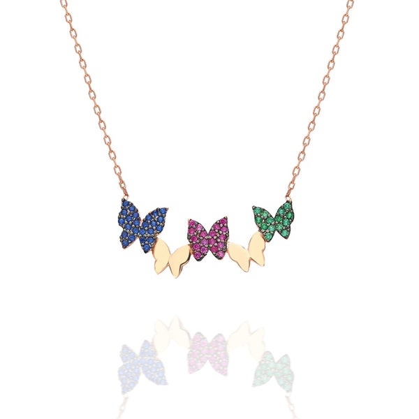 925 Sterling Silver Colorful Gemstone Butterfly Necklace