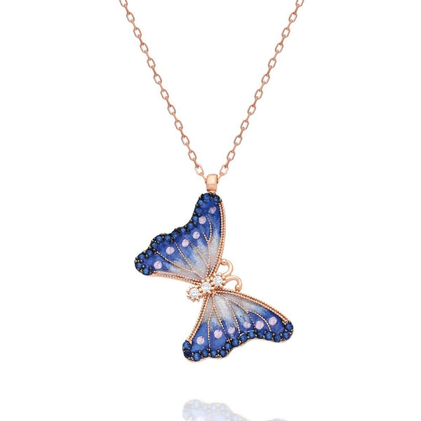 925 Sterling Silver Enamel Blue Butterfly Necklace