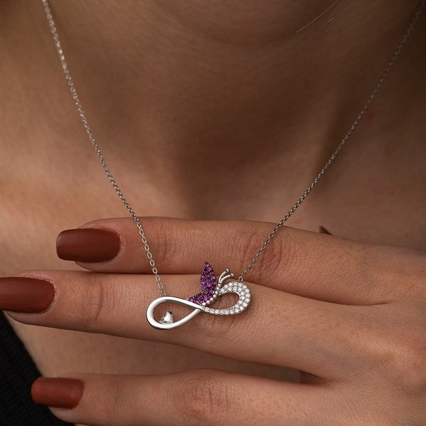 925 Sterling Silver Infinity Pink Butterfly Necklace