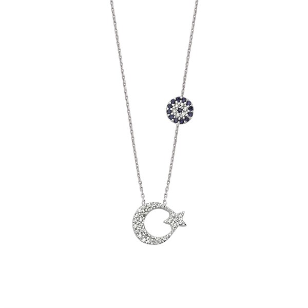 925 Sterling Moon and Star Necklace with Evil Eye Pendant Women's Sterling Silver Necklace