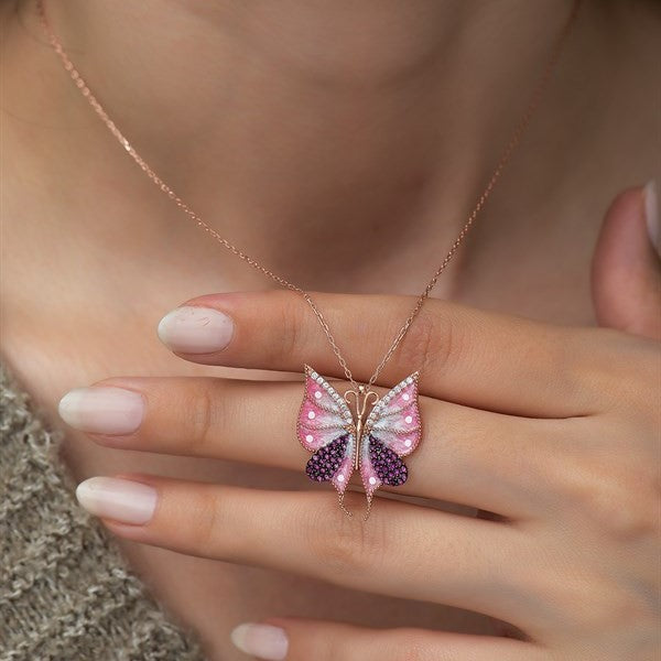 925 Sterling Silver Pink Butterfly Necklace