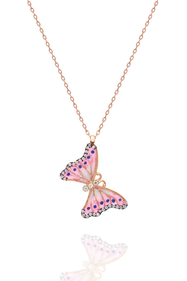 925 Sterling Silver Pink Enamel Butterfly Necklace