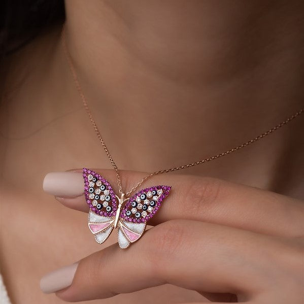 925 Sterling Silver Pink Stone Butterfly Necklace