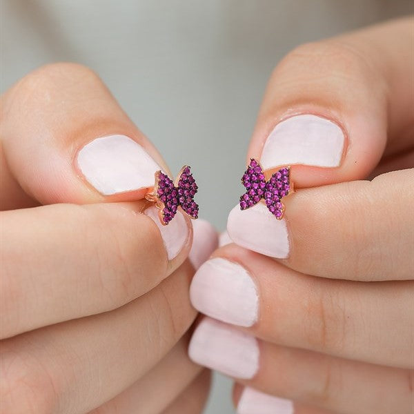 925 Sterling Pink Tiny Butterfly Earrings Women's Sterling Silver Earrings