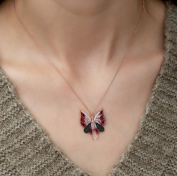 925 Sterling Silver Red Butterfly Necklace