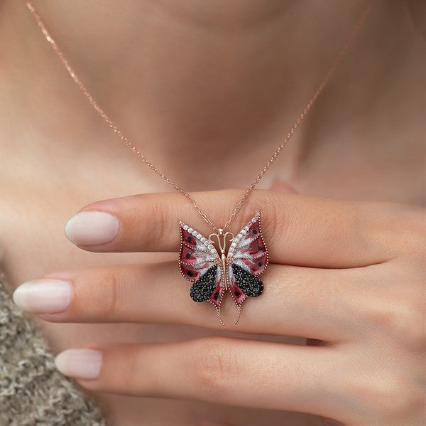 925 Sterling Silver Red Butterfly Necklace