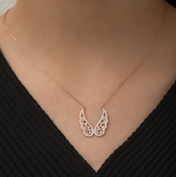 925 Sterling Silver Baguette Stone Angel Wing Necklace Women Sterling Silver Necklace