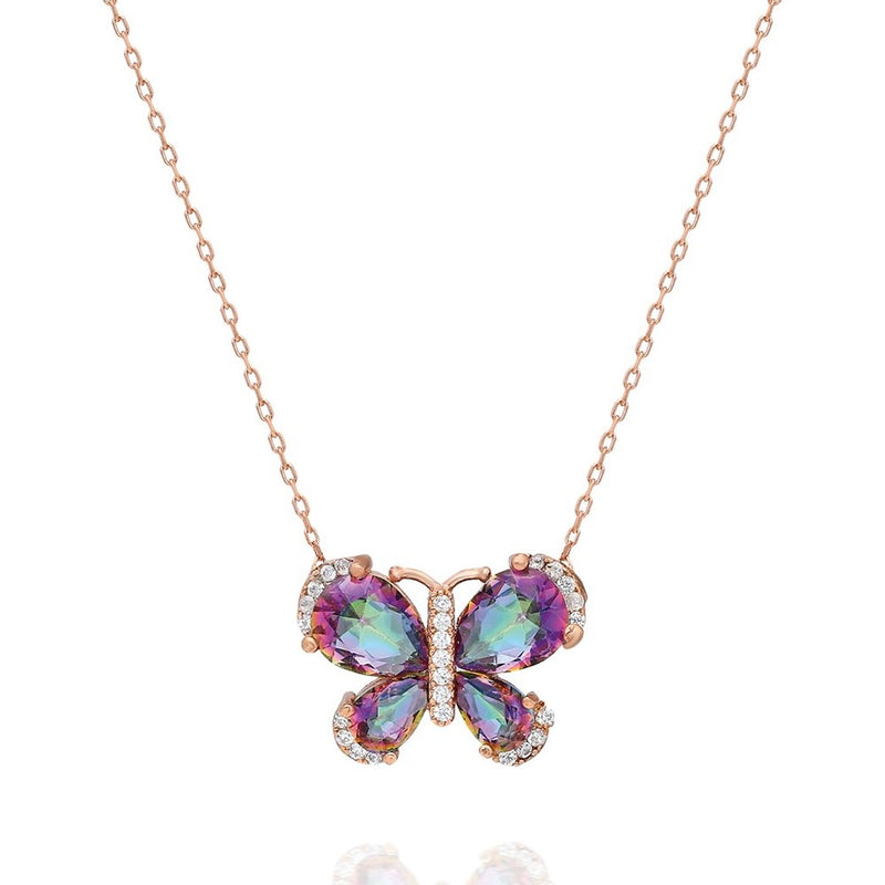 925 Sterling Silver Butterfly Necklace with Mystic Topaz Stone for Women