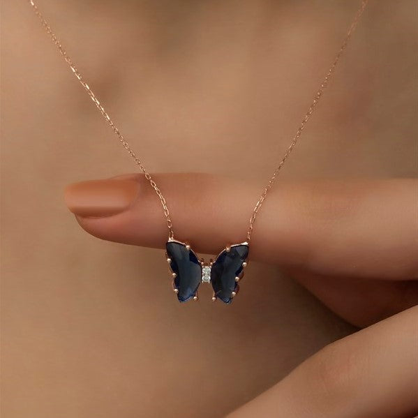 925 Sterling Silver Navy Blue Zircon Stone Butterfly Necklace