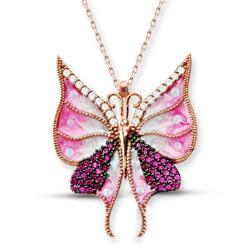 925 Sterling Silver Pink Enamel Butterfly Necklace