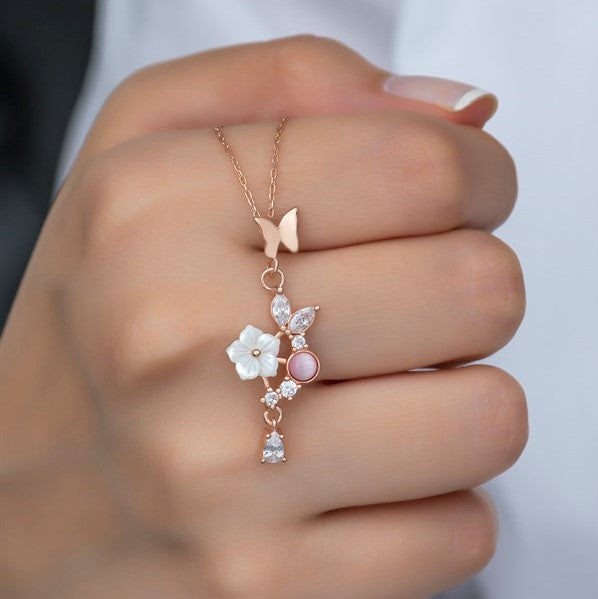 925 Sterling Silver Pink Butterfly Magnolia Flower Necklace