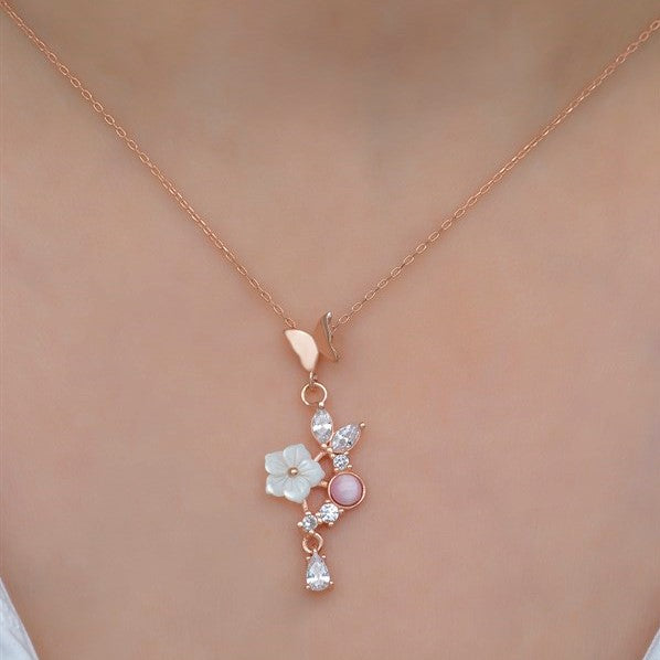 925 Sterling Silver Pink  Butterfly Necklace and Earrings Set