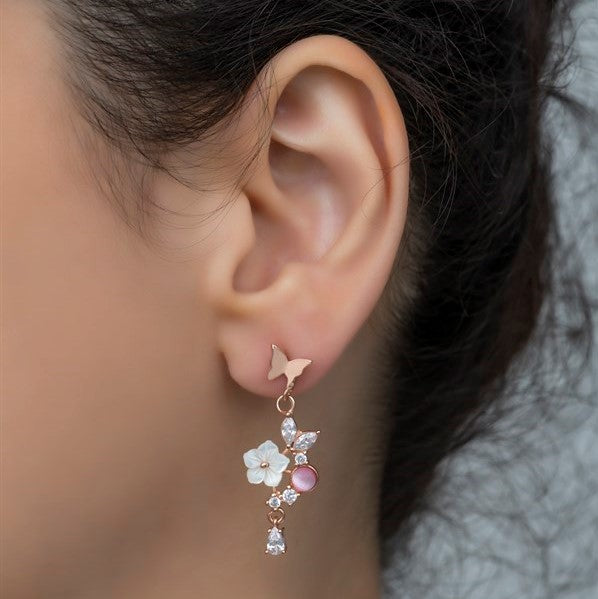 925 Sterling Silver Pink  Butterfly Necklace and Earrings Set