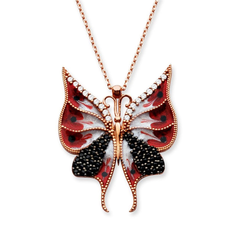 925 Sterling Silver Red Enamel Butterfly Necklace