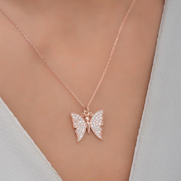 925 Sterling Silver Rose Stone Butterfly Necklace