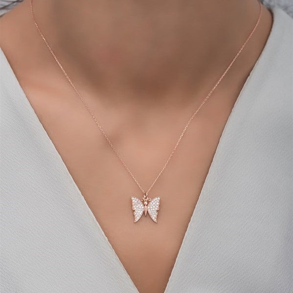 925 Sterling Silver Rose Stone Butterfly Necklace