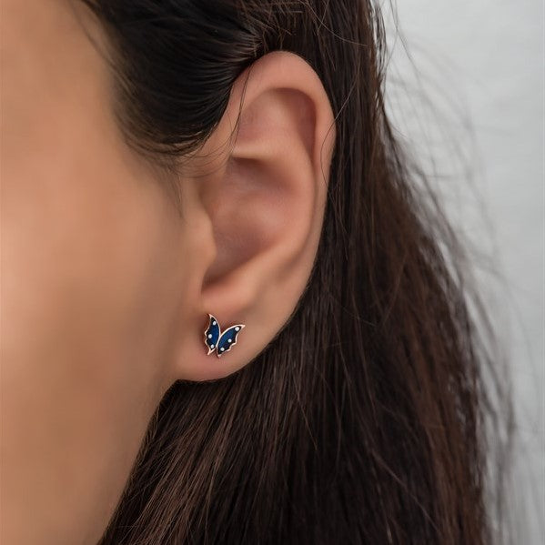 925 Sterling Silver Tiny Blue Enamel Butterfly Earrings