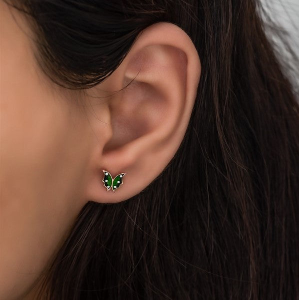 925 Sterling Silver Tiny Green Enamel Butterfly Earrings