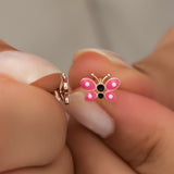 925 Sterling Silver Tiny Pink Enamel Butterfly Earrings