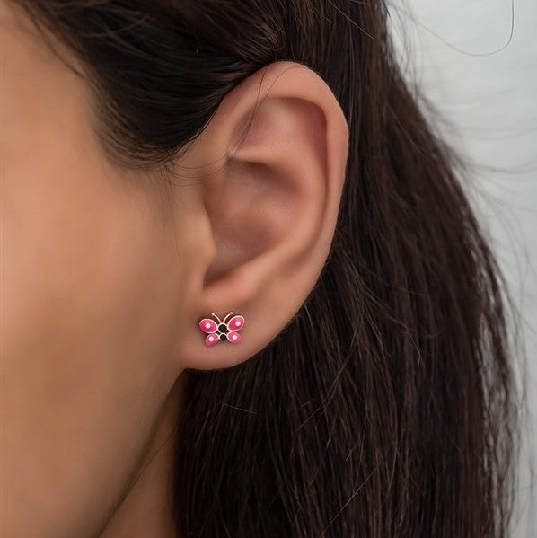 925 Sterling Silver Tiny Pink Enamel Butterfly Earrings