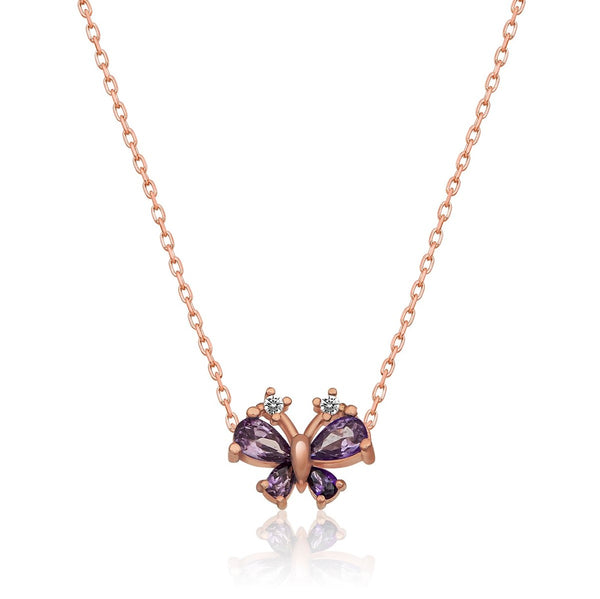 925 Sterling Silver Tiny Purple Stone Butterfly Necklace