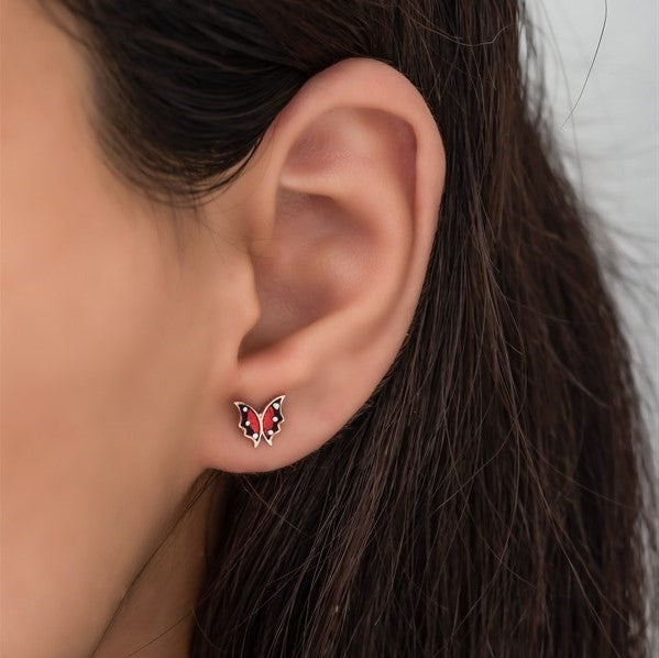 925 Sterling Silver Tiny Red Enamel Butterfly Earrings