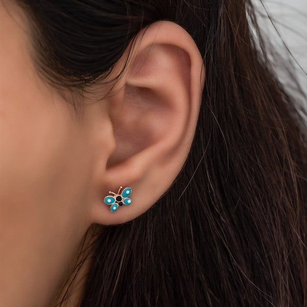 925 Sterling Silver Tiny Turquoise Enamel Butterfly Earrings