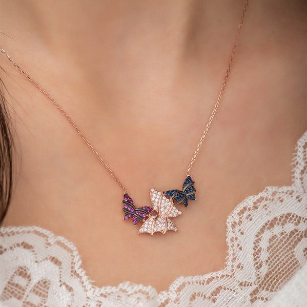 925 Sterling Silver Triple Color Butterfly Necklace