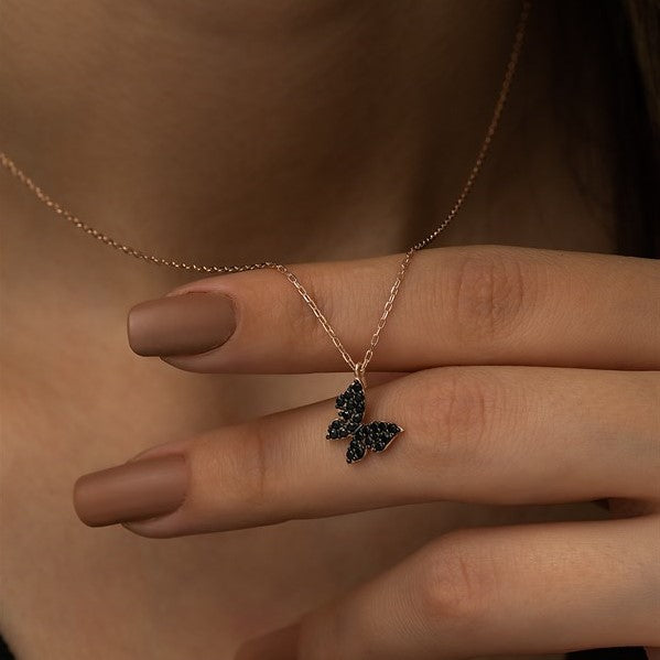 925 Sterling Silver Tiny Black Stone Butterfly Necklace