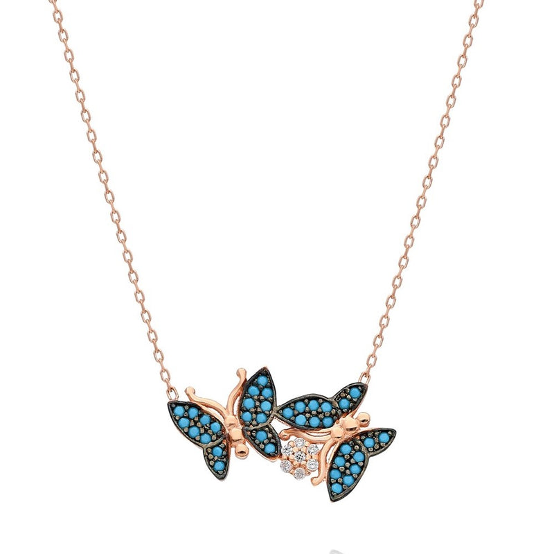 925 Sterling Silver Turquoise Double Butterfly Necklace