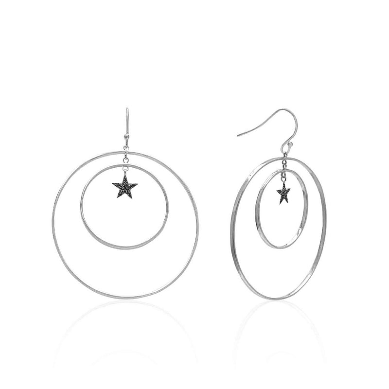 Silver Plated Star Silver Earrings With Black Stone Ring