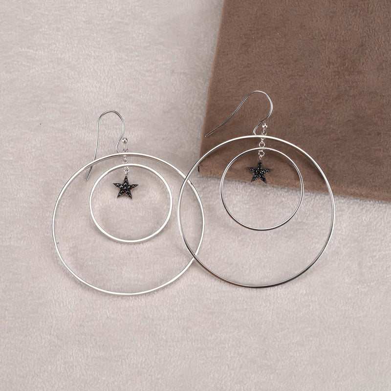 Silver Plated Star Silver Earrings With Black Stone Ring