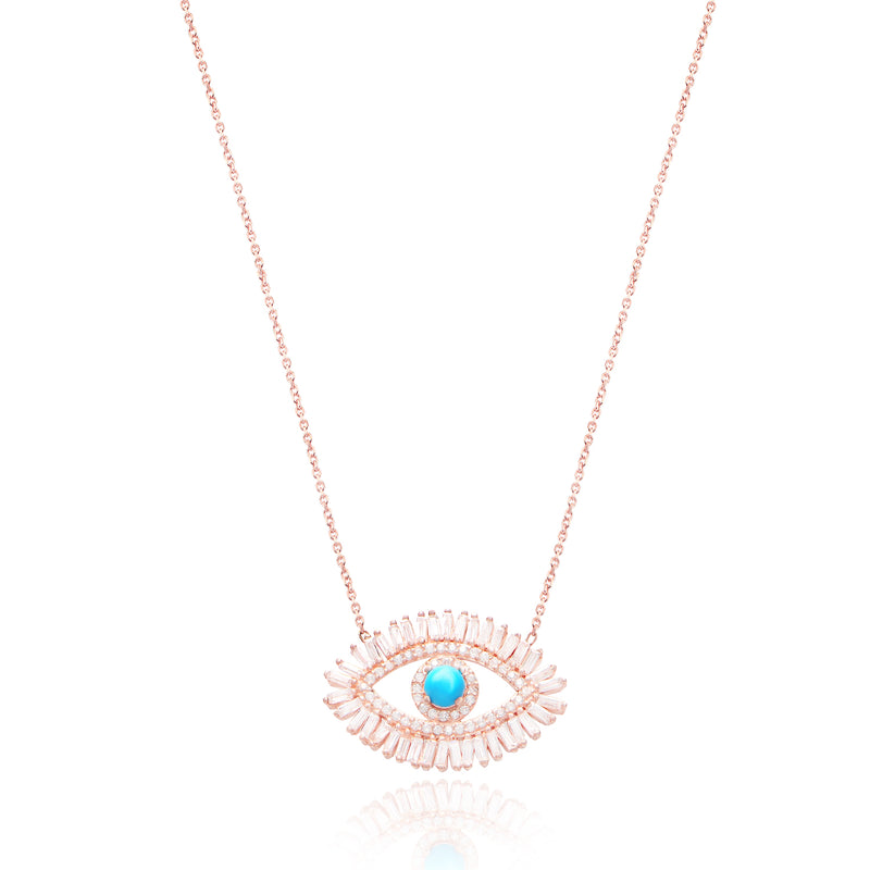 Evil Eye Necklace with Baguette White CZ Stones