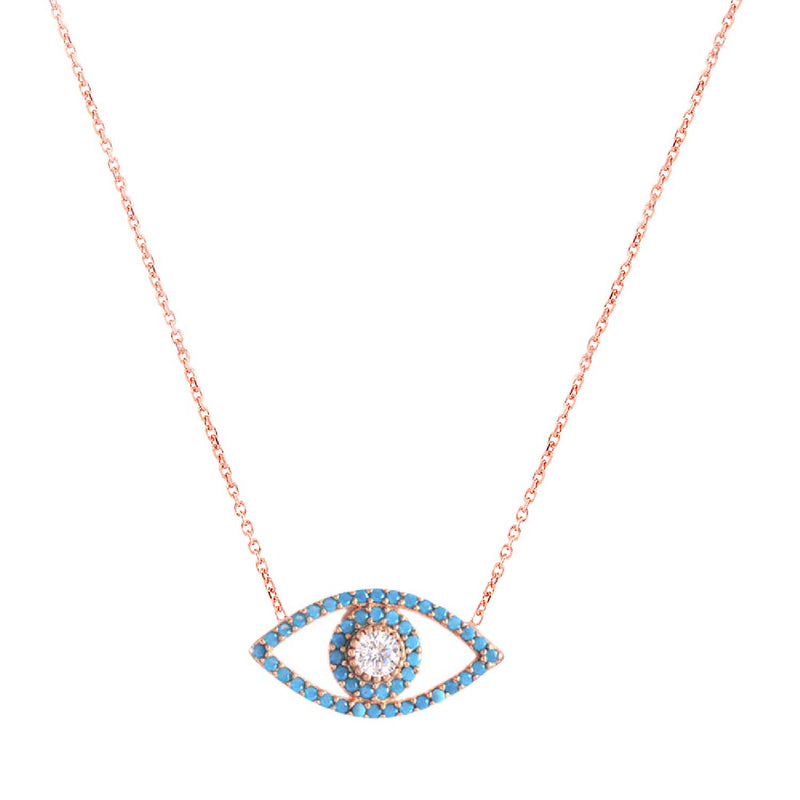 Zircon Stone Diamond Mounted Eye Pattern Rose Plated Sterling Silver Necklace