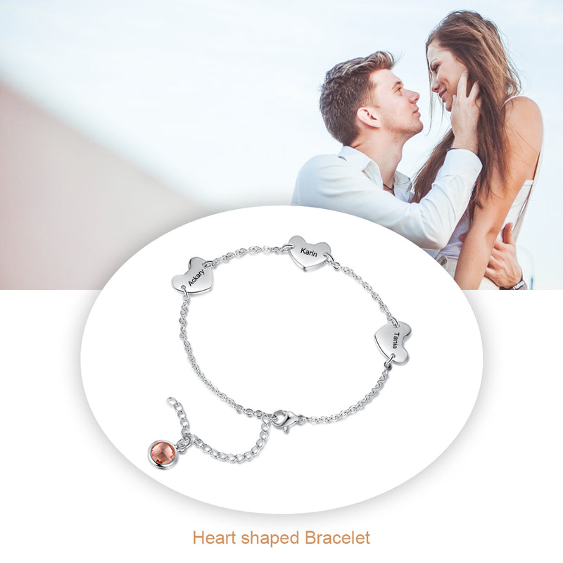 Engraved Stainless Steel Birthstone Heart Charm Bracelet