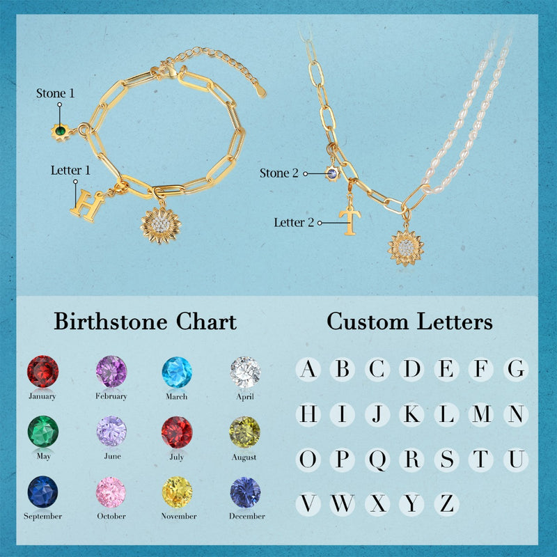 Sunflower Letter Peal Necklace and Bracelet Jewelry Set