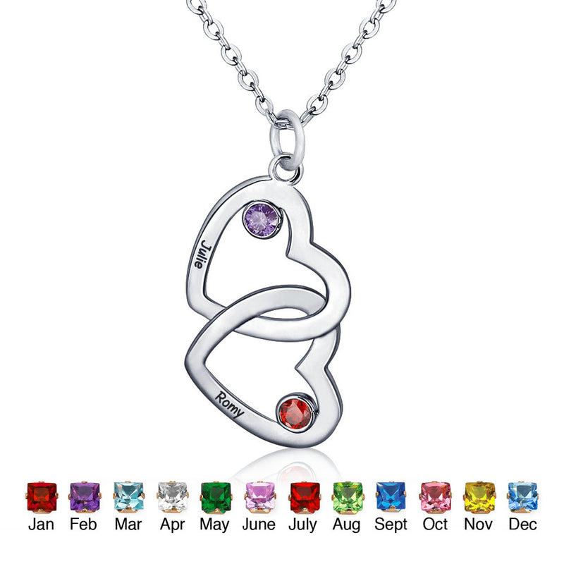 Custom Name Double Heart Shape Pendant Necklace with Birthstones