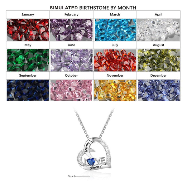 S925 Engraved Names Birthstone Heart Shape Penant Necklace with Love Letter