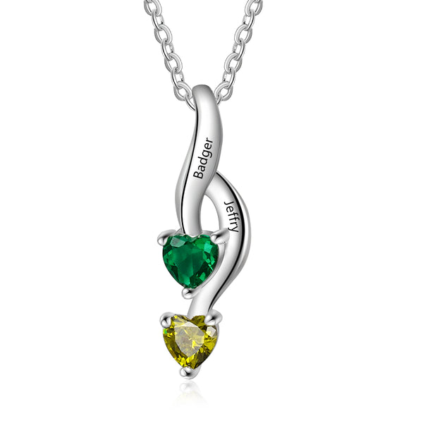 925 Silver Personalized Names Two Heart Shape Birthstones Necklace