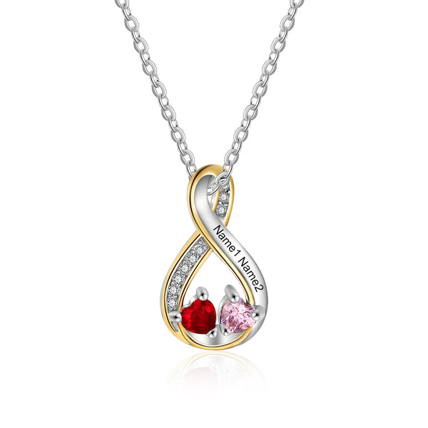 Personalized Names Cubic Zirconia Infinity Shape Pendant Necklace with Heart Shape Birthstones