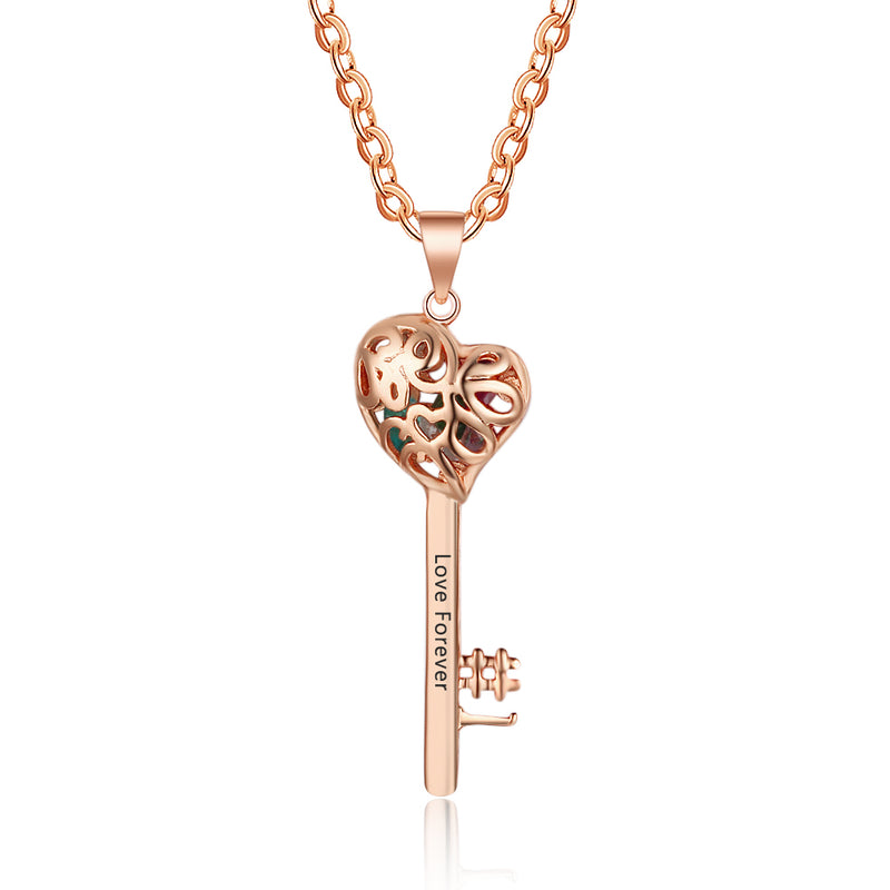 925 Silver Personalized Names Heart Key Pendant Necklace with Birthstones
