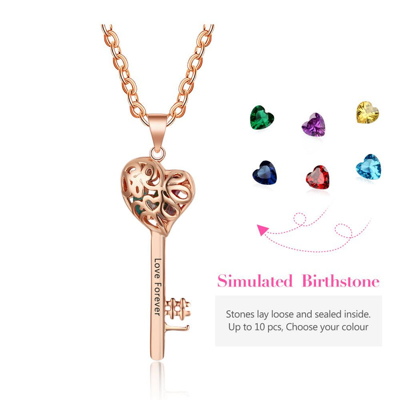 925 Silver Personalized Names Heart Key Pendant Necklace with Birthstones