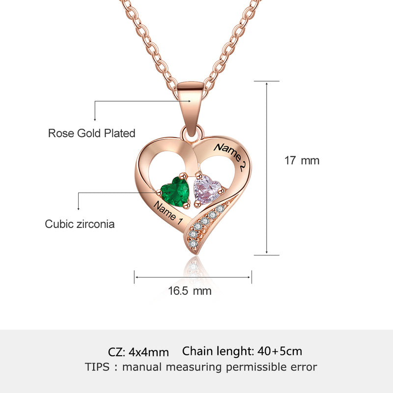 Personalized Name S925 Two Birthstones Heart Shape Pendant Necklace