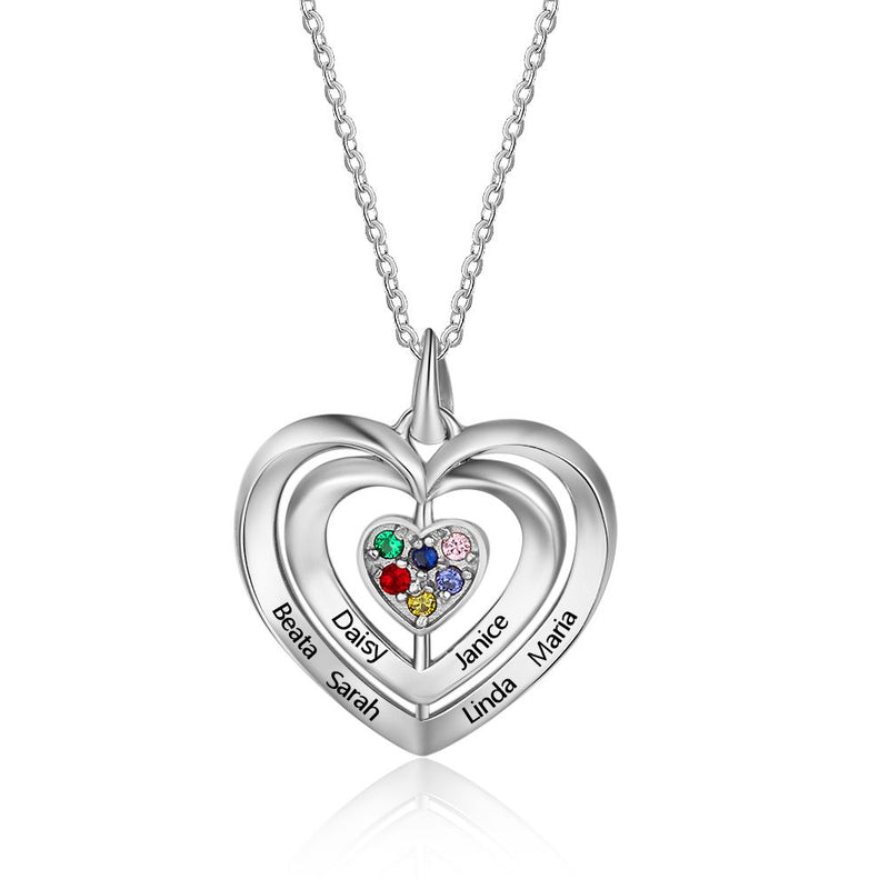 925 Sterling Silver Heart Shape Names Necklaces with Six Colorful Birthstones