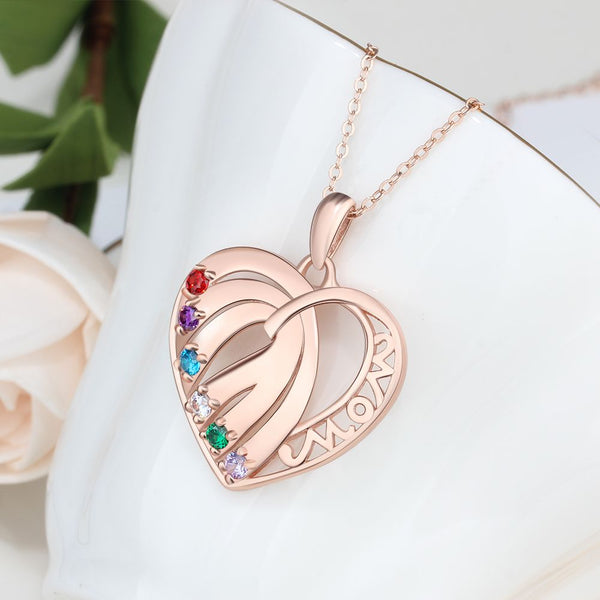 S925 Custom Names Six Colorful Birthstones Heart Shape Pendant Necklace