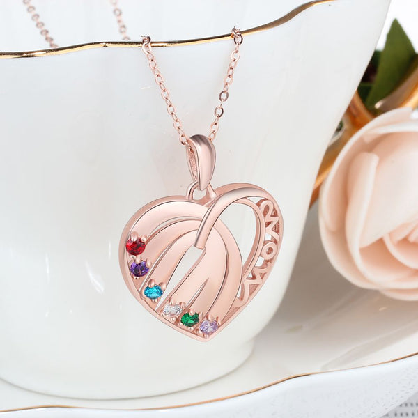 S925 Custom Names Six Colorful Birthstones Heart Shape Pendant Necklace