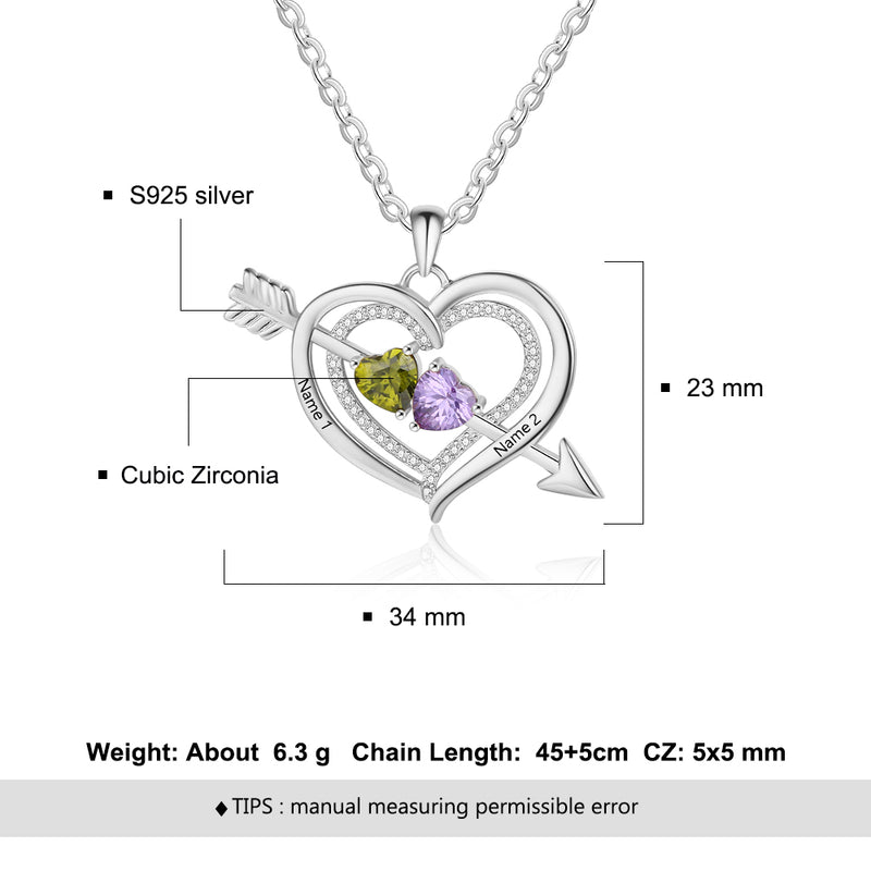 925 Silver Personalized Names Arrow and Heart Shape Necklace with Heart Shape Birthstones
